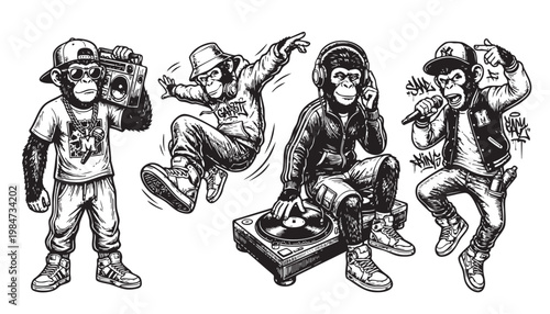 Set of 4 black and white hip hop monkey vector illustrations. Features a DJ, breakdancer, rapper, and boombox in vintage engraving style.