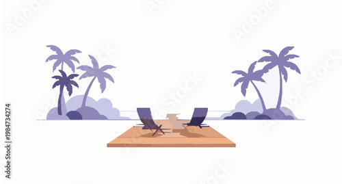 Minimal tropical terrace with chairs and cocktail overlooking ocean modern summer vector illustration