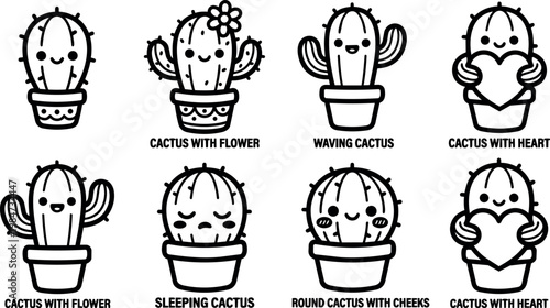Cute smiling cactus characters with flower heart cheeks and waving arms vector art