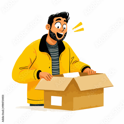 Man excitedly opens cardboard box with hands