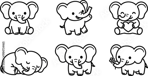 Cute baby elephant line art collection with heart flower and sleeping poses