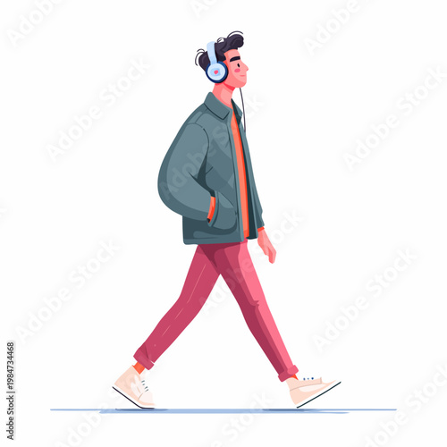 A young man wearing headphones walks quickly down the street.