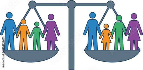 Diverse Family Figures Balanced on Scales Representing Equality and Justice