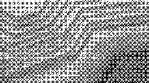 A grayscale image of a blurry figure in a dark environment with shadows dither background