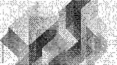 A grayscale image with a figure and geometric shapes in the background dither background