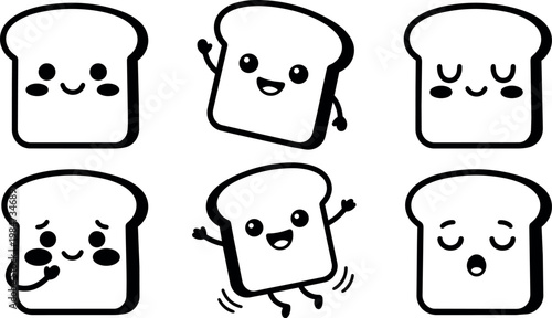 Cute happy and sleepy kawaii bread slices with expressive faces vector art