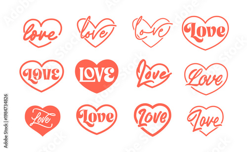 LOVE text inside a heart shape icon, hearts bundle set