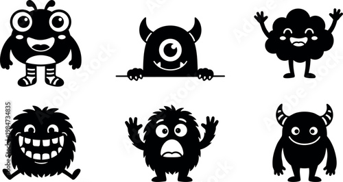 Black and white cartoon cute monsters with expressive faces and various poses