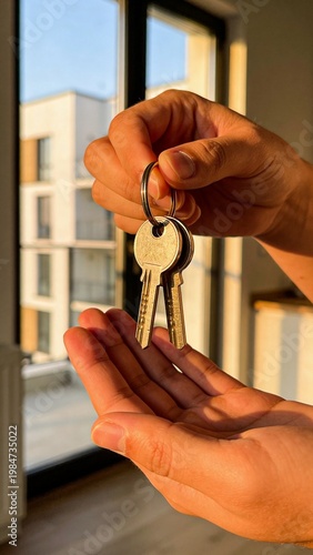 A close-up of hands holding keys against a blurred modern apartment, symbolizing real estate ownership and new beginnings.