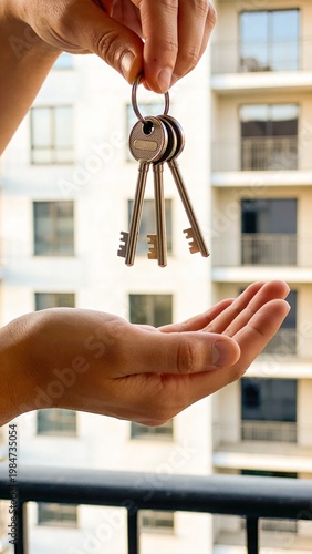 Hands holding keys over a blurred modern apartment background, symbolizing real estate purchase and home ownership.