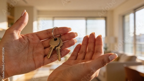 Close-up of hands holding keys with a modern apartment in the background, symbolizing real estate ownership, warm natural lighting.