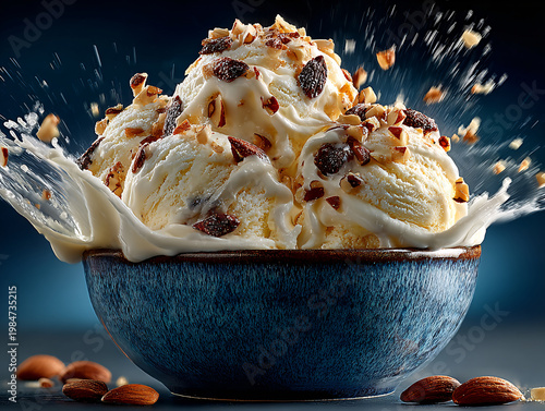 A generous mound of creamy white vanilla ice cream sits in a deep blue bowl, topped with crunchy almonds, drizzled with sweet sauce, and surrounded by flying nut pieces against a dark background.