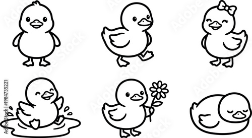 Cute black and white line art ducklings in various poses including holding flower and sleeping