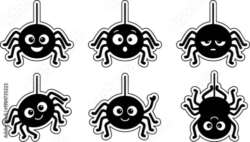 Black and white cartoon spider emoticons with varied facial expressions hanging on web strings
