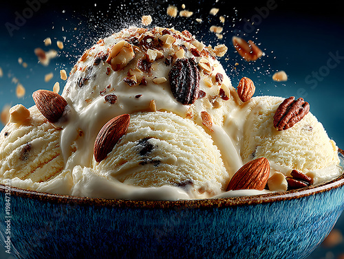 A generous mound of creamy white vanilla ice cream sits in a deep blue bowl, topped with crunchy almonds, drizzled with sweet sauce, and surrounded by flying nut pieces against a dark background.
