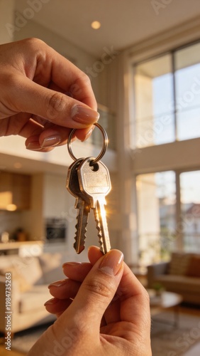 Concept of homeownership with a close-up of keys held in hands, illustrating real estate investment and new beginnings in a modern living space.