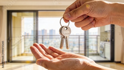 Hand holding keys symbolizing home ownership in a modern apartment, highlighting real estate opportunities.