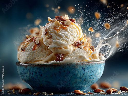 A generous mound of creamy white vanilla ice cream sits in a deep blue bowl, topped with crunchy almonds, drizzled with sweet sauce, and surrounded by flying nut pieces against a dark background.