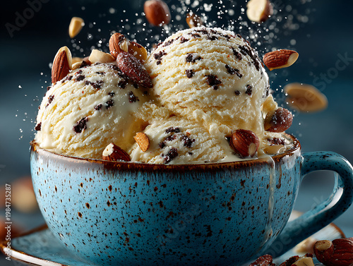 A generous mound of creamy white vanilla ice cream sits in a deep blue bowl, topped with crunchy almonds, drizzled with sweet sauce, and surrounded by flying nut pieces against a dark background.