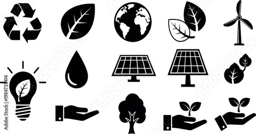 Sustainable energy and environmental conservation icons a collection representing green initiatives and renewable resources