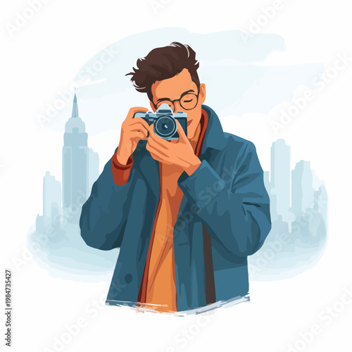 Man taking photo with camera in front of city skyline at daytime