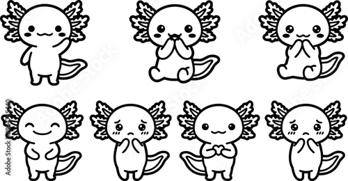 Black and white line art cute axolotl characters with different emotions and poses