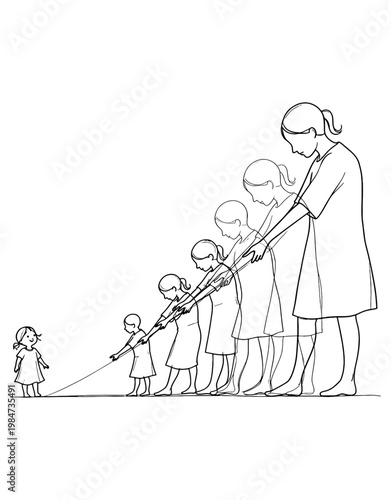 Minimalist Line Art Showing the Stages of a Girl Growing Up, Life Cycle Journey from Childhood to Adulthood, Aging Process and Development Concept Vector Illustration.