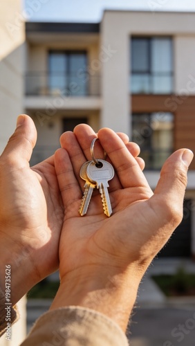 A close-up of hands holding keys symbolizing home ownership, with a modern apartment blurred in the background, capturing the essence of real estate purchase.