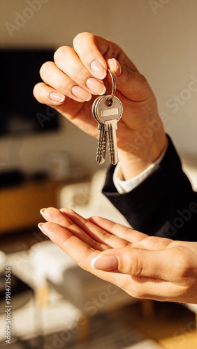A close-up of hands holding keys, symbolizing the real estate purchase process in a modern apartment setting.