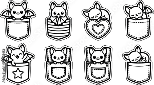 Black and white line art cute bats in different pocket shapes with smiling and sleeping expressions