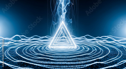 A glowing white triangle surrounded by concentric circles of light on a dark blue background