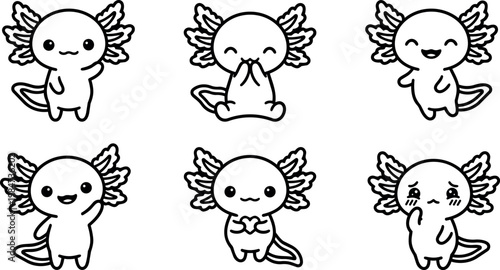 Cute axolotl cartoon characters showing different emotions in black and white line art