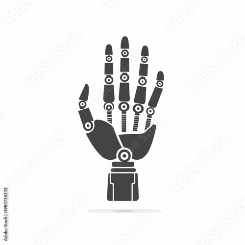 A robotic hand with mechanical joints and gears is raised upwards.