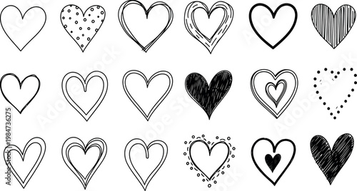Collection of hand drawn heart shapes a diverse set of black and white artistic representations of love