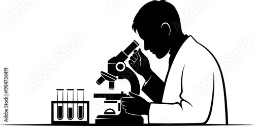 A silhouetted scientist intently examines samples under a microscope in a laboratory setting focused on research