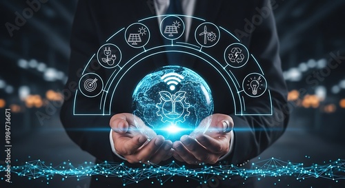Businessman holding glowing blue earth with eco friendly technology symbols globe hands