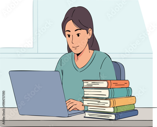 Young woman studying at desk with laptop and stack of books, modern workspace illustration