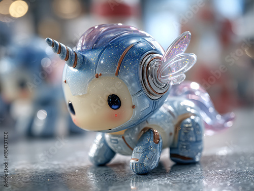 An adorable, futuristic robotic unicorn toy with a glittery blue body, transparent wings, and a striped horn, featuring a cute chibi face with big starry eyes and rosy cheeks.
