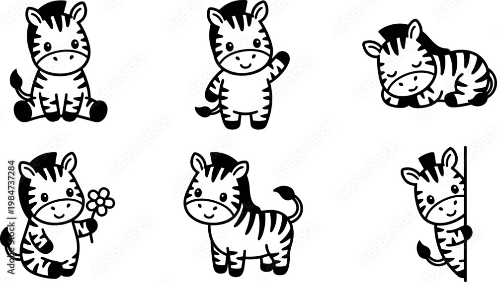 Fototapeta premium Black and white cute cartoon zebra in six different playful poses vector art