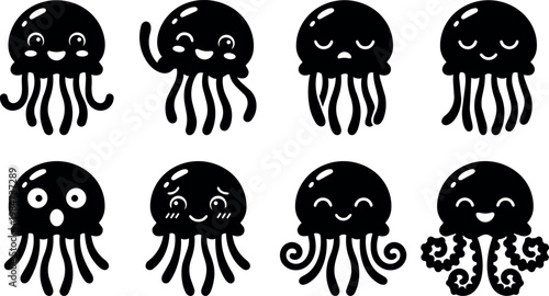 Cute black and white jellyfish characters with various emotions and spiral tentacles vector art