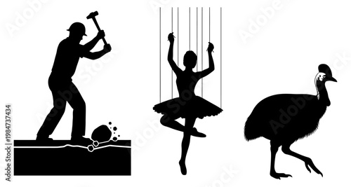 Worker with hammer ballerina puppet and cassowary bird silhouettes against white