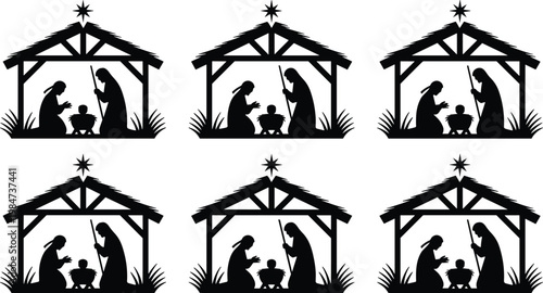 Nativity scene silhouette with stable, star above, Mary Joseph baby Jesus, Christmas illustration, religious design, vector art, stock image