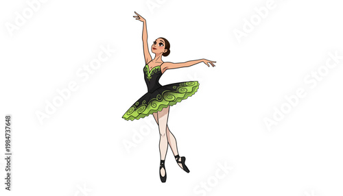 A beautiful young ballerina dancing in a green and black tutu
