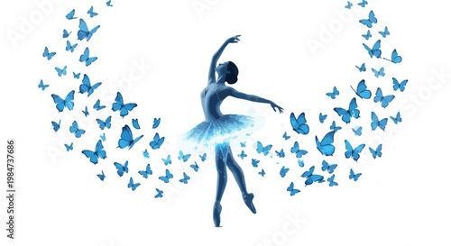 A ballerina dancing surrounded by a swarm of blue butterflies