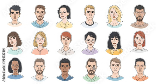 Diverse Group of People Portraits Hand Drawn Style.
