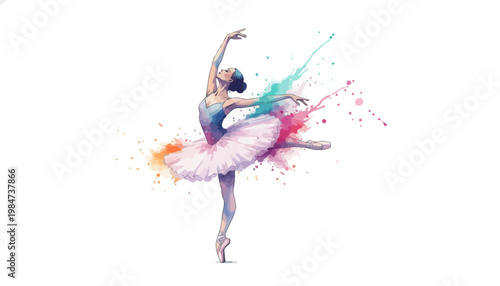 A beautiful ballerina dancing in a colorful tutu with vibrant paint splashes
