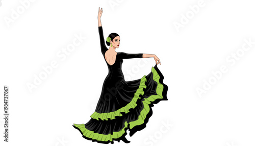 A woman in a black dress with green trim dancing energetically