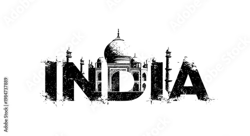 A stylized illustration of the Taj Mahal integrated into the word India