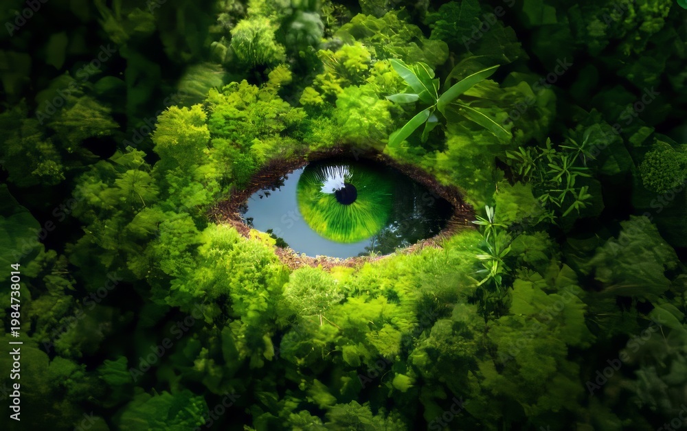Fototapeta premium Eye Shaped Clearing in Dense Jungle Surrounded by Lush Green Foliage