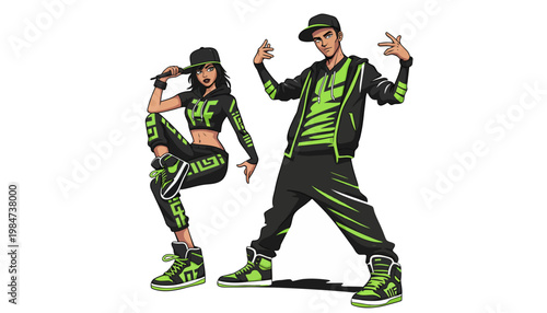 A cartoon illustration of a man and woman in matching green outfits dancing